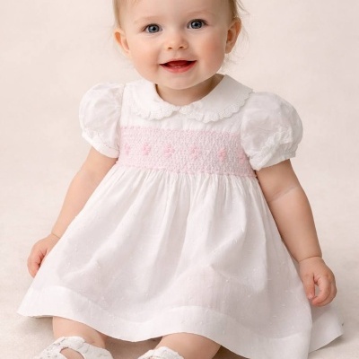 Bebé sorridente com vestido branco e sapatos brancos sentada em fundo claro