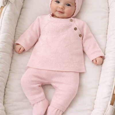 Bebé vestido com roupa de malha cor-de-rosa de manga comprida num berço acolchoado branco