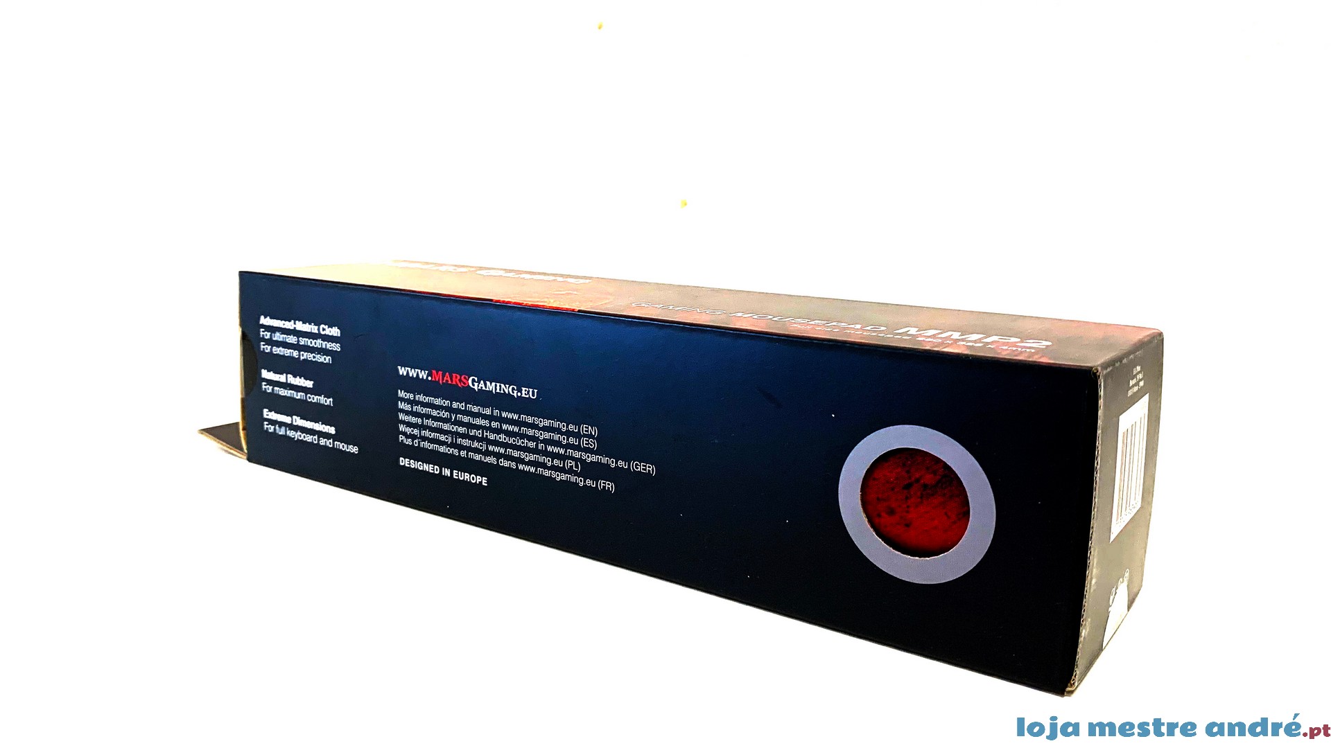 Tapete Mars Gaming MMP2 Embalagem retangular preta com texto e círculo vermelho