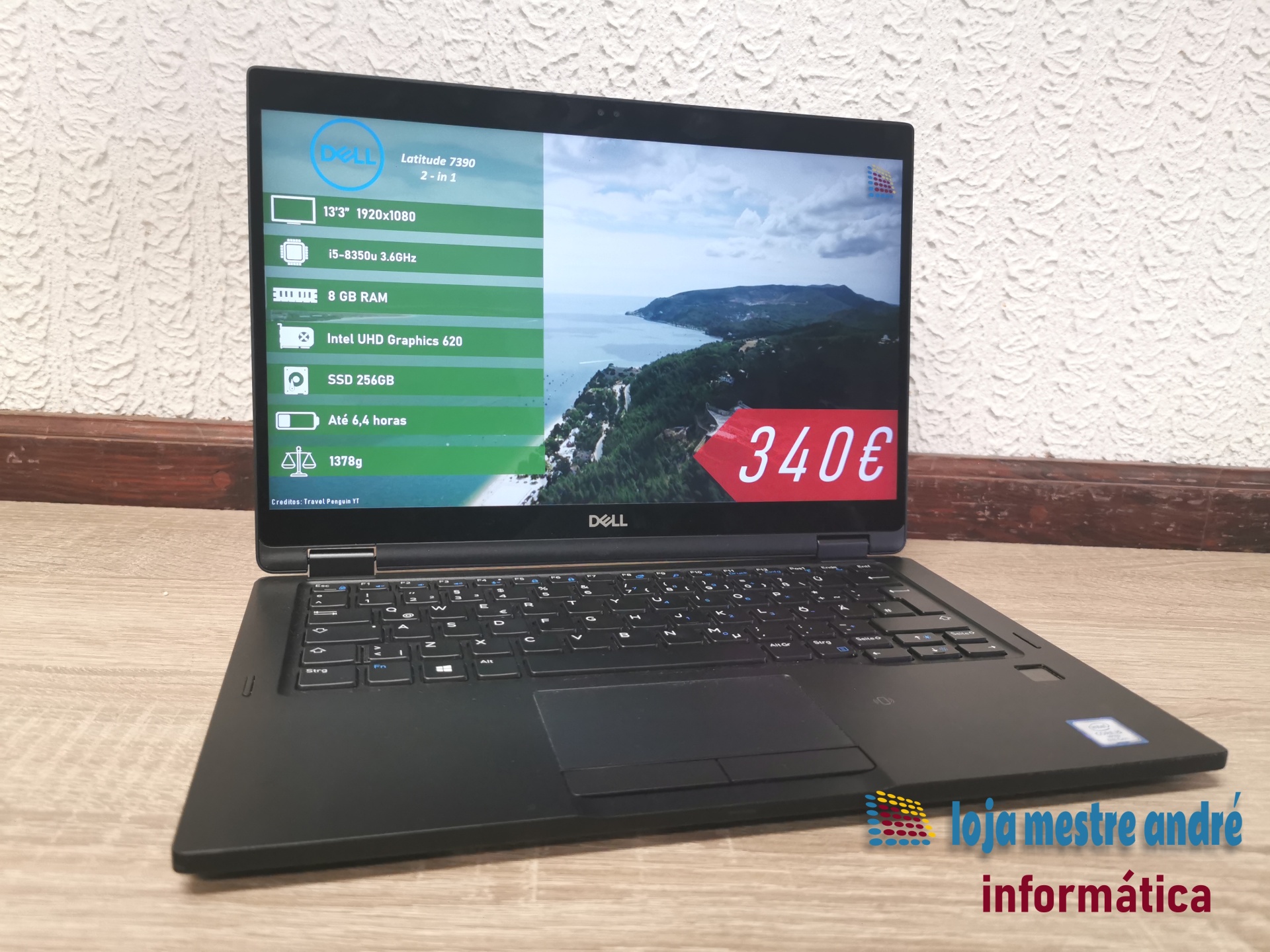 DELL Latitude 7390 2-in-1 Computador portátil Dell preto com ecrã ligado a mostrar especificações e preço