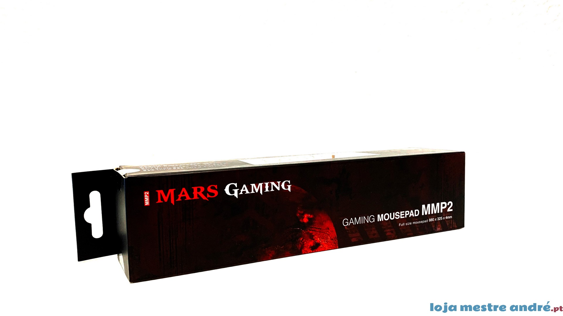 Tapete Mars Gaming MMP2 Caixa de rato para jogos Mars Gaming com texto em preto, vermelho e branco