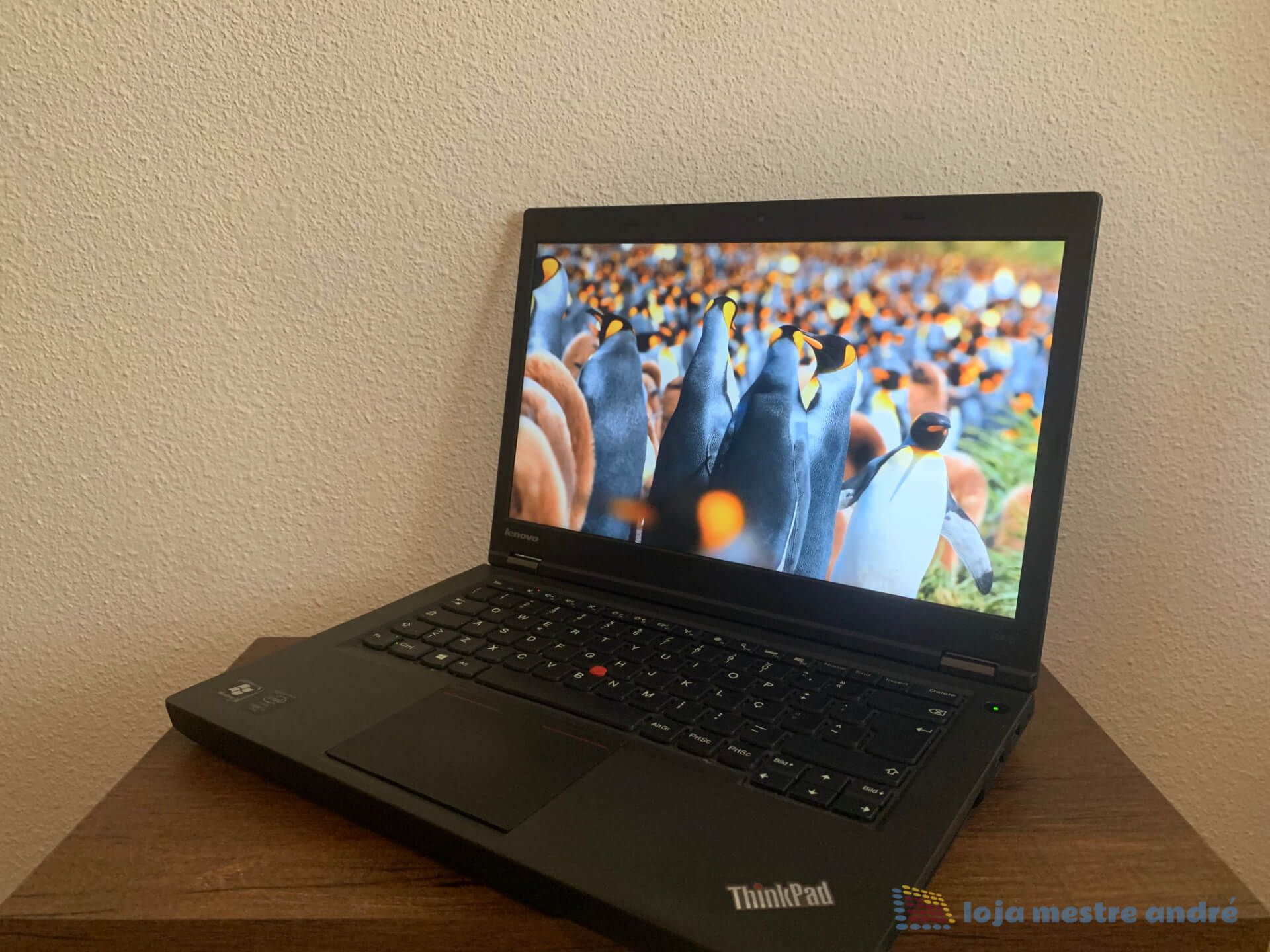 Computador portátil Lenovo ThinkPad T440p Intel Core i5 SSD 240GB RAM 8GB Windows 11 PRO Computador portátil Lenovo ThinkPad preto com ecrã a mostrar pinguins