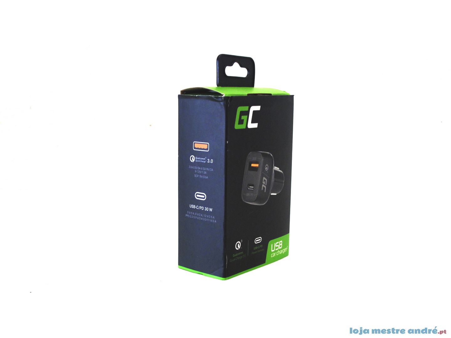 Carregador para Carro Green Cell USB type C e USB 3.0 Embalagem de carregador USB para carro com texto QUICK 3.0 e USB CAR CHARGER