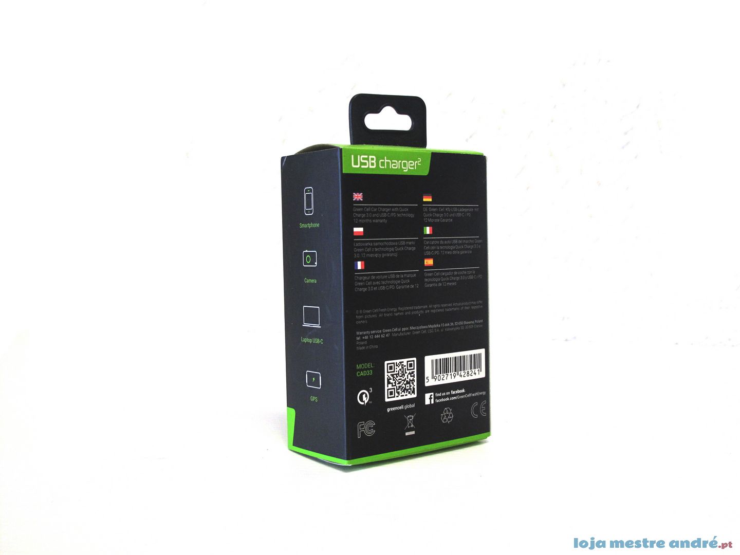 Carregador para Carro Green Cell USB type C e USB 3.0 Embalagem de carregador USB preta e verde