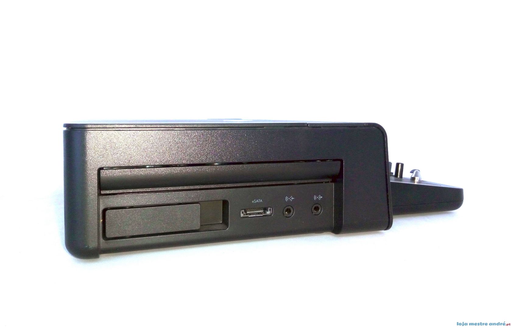 Docking station HP Advanced DS Aparelho eletrónico preto com leitor de disco e portas USB e áudio