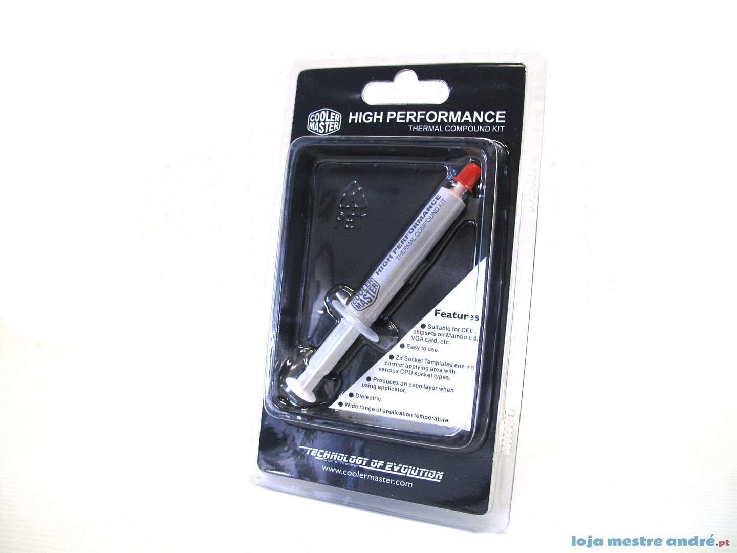 Pasta Termica de Alta Performance Cooler Master Kit composto por seringa de composto térmico em blister preto e transparente