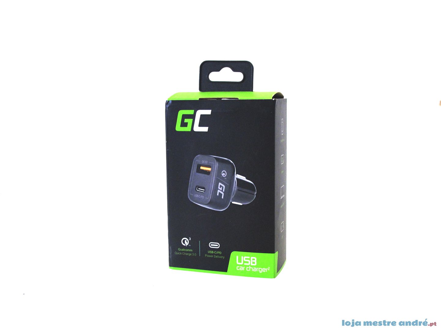 Carregador para Carro Green Cell USB type C e USB 3.0 Carregador USB para carro GC com display digital em caixa preta e verde