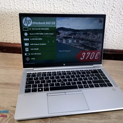 Portátil HP EliteBook 845 G8 prateado com teclado preto e ecrã aberto.