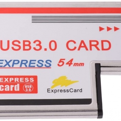Cartão ExpressCard USB3.0 com etiqueta colorida e texto legível