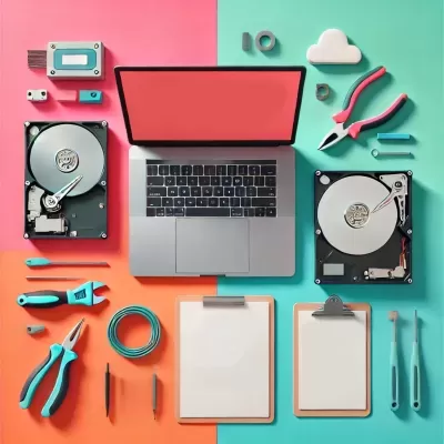 Laptop cinza aberto com disco rígido, ferramentas e pranchetas em fundo colorido