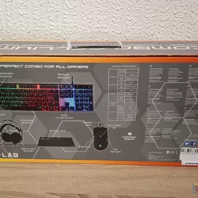 Caixa do conjunto de acessórios gaming G-LAB com teclado RGB, rato, headset e tapete