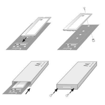 Montagem de dispositivo electrónico retangular com letras 'M' em quatro etapas