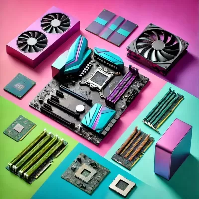 Componentes eletrónicos de computador em fundo colorido