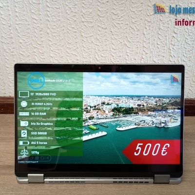 Portátil Dell Latitude 5320 em modo tablet com ecrã cheio de especificações e preço 500€