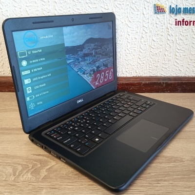 Computador portátil Dell Latitude 3310 preto aberto com especificações técnicas no ecrã