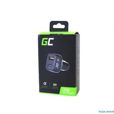 Carregador USB para carro GC com display digital em caixa preta e verde