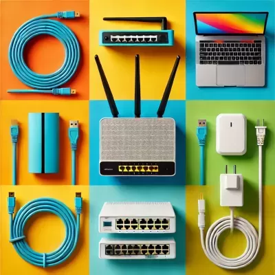 Vários dispositivos eletrónicos e cabos de rede organizados em fundo colorido dividido em quadrados.