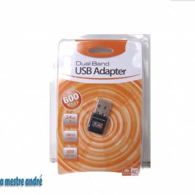 Adaptador USB Dual Band em embalagem laranja e branca com texto e logo loja mestre andré