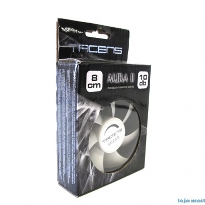 Caixa preta de ventoinha PCFENS Aura II 8 cm com texto branco e cinza