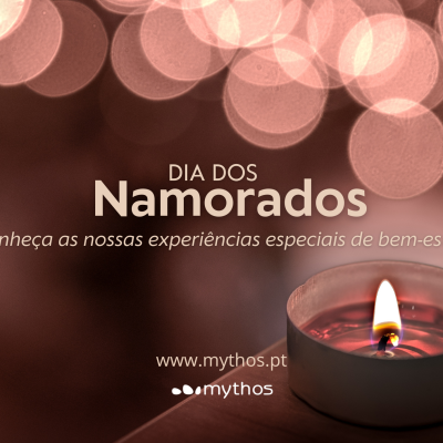 Vela pequena acesa com texto sobre Dia dos Namorados e experiências de bem-estar