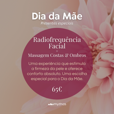 Promoção Dia da Mãe com texto sobre cuidados faciais e massagem em fundo de flor rosa.