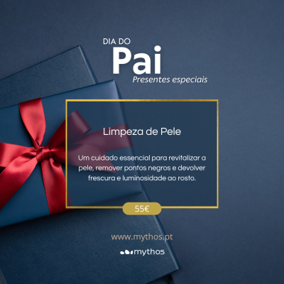 Caixas de presente azuis e texto promocional Dia do Pai Limpeza de Pele em fundo azul