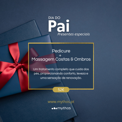 Promoção de Dia do Pai com caixas de presente azuis e fitas vermelhas e descrição de tratamento por 52€