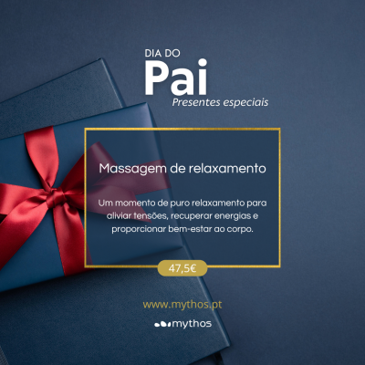 Promoção DIA DO Pai com caixas de presente azuis e texto sobre massagem de relaxamento