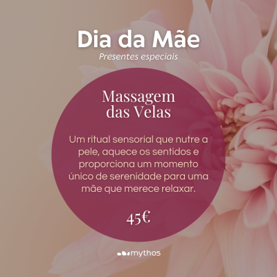 Promoção Dia da Mãe para Massagem das Velas com preço e logo mythos