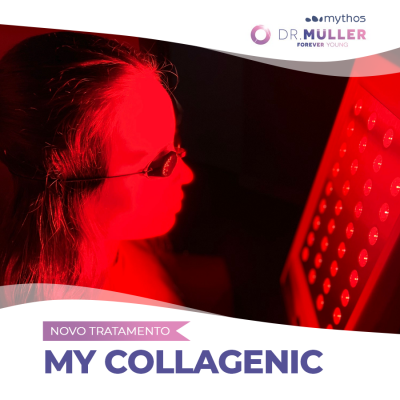 Pessoa com óculos escuros diante de painel com luzes vermelhas e texto MY COLLAGENIC