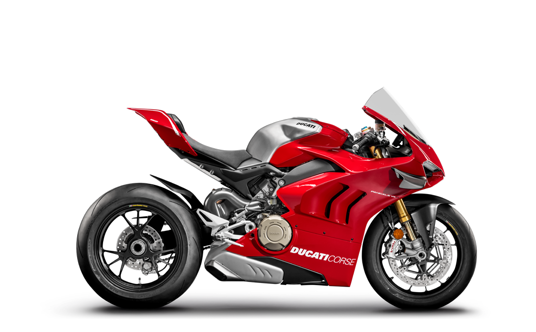 motocicleta Ducati Corse vermelha e cinza com carenagem aerodinâmica
