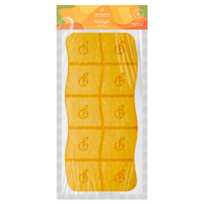 Pacote de polpa de manga em tablete dividido em quadrados com rótulo laranja e verde