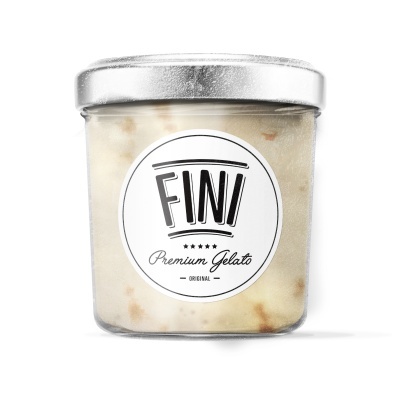 Pote de gelado com etiqueta FINI Premium Gelato