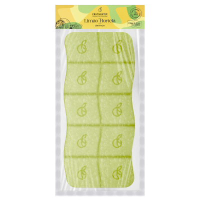 Pacote transparente de limão hortelã em pó desidratado com etiqueta amarelo-verde FRUTHENTIC