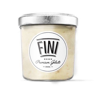 Frasco de gelado FINI Premium Gelato com etiqueta branca e tampa metálica