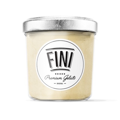 Frasco de gelado com etiqueta FINI Premium Gelato