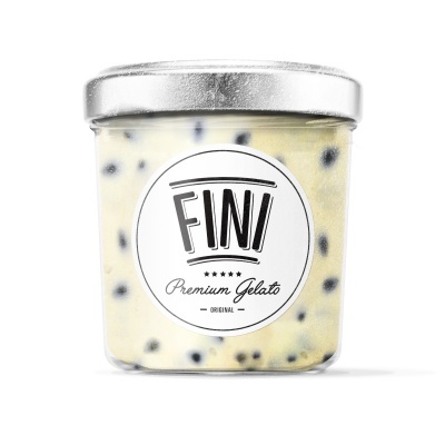 Frasco de gelado creme com manchas escuras e rótulo com texto FINI Premium Gelato ORIGINAL