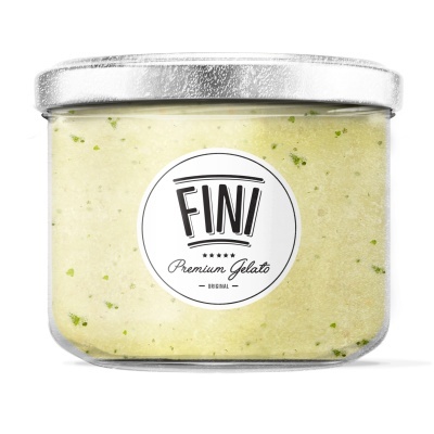 Frasco de gelado de vidro com tampa metálica e etiqueta FINI