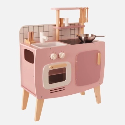 cozinha de brincar infantil rosa em madeira com forno e fogão