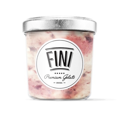 Pote de gelado FINI com mistura creme e vermelho