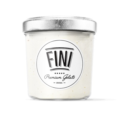 Frasco de gelado branco com rótulo FINI Premium Gelato