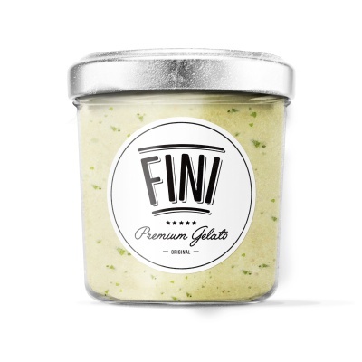 Frasco de gelado Premium Gelato FINI com tampa metálica prateada.