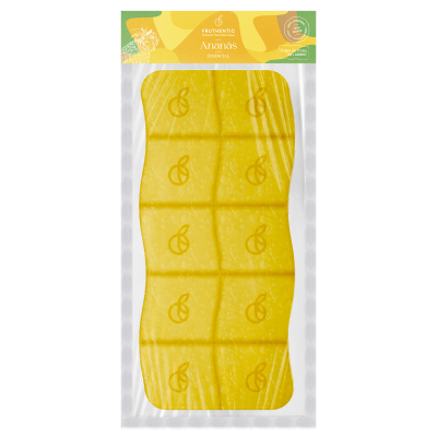 Tablete amarelo de polpa de ananás Fruthentic em embalagem a vácuo com rótulo amarelo e branco.