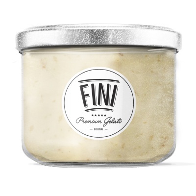 Pote transparente com gelado creme e etiqueta FINI Premium Gelato