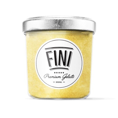 Frasco de gelado amarelo com etiqueta branca e tampa metálica.