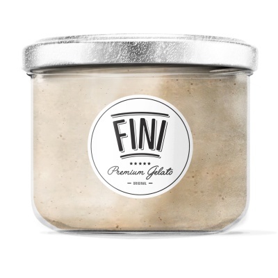 Frasco de vidro com gelato bege claro e etiqueta FINI Premium Gelato