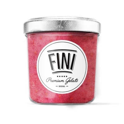 Frasco de gelado vermelho com tampa prateada e etiqueta branca com texto preto