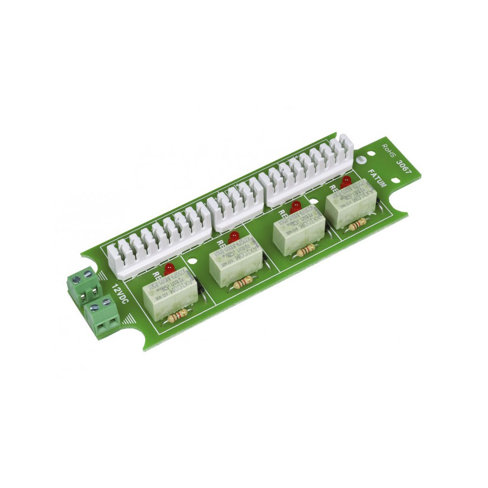 Bloco Modular de Relés 12V CC - 4 Canais de Contato com Proteção Integrada | Alarmtech 3067.01 Placa eletrónica verde com relés, resistores, LED e conectores