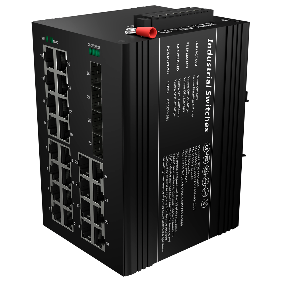 Switch PoE Marca Branca - Montagem em carril DIN 24 portas Gigabit + 4 SFP Gigabit 90W portas 1-2 23-24/30W portas 3-22 /Max 360W-SW2624HIPOE-MGF-360-DIN Comutador industrial preto com 24 portas Ethernet e etiqueta técnica
