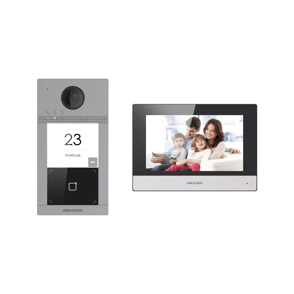 Kit Videoporteiro IP Hikvision DS-KIS604-S(C) com WiFi e PoE Vídeo porteiro Hikvision com unidade externa cinzenta e unidade interna com ecrã a cores